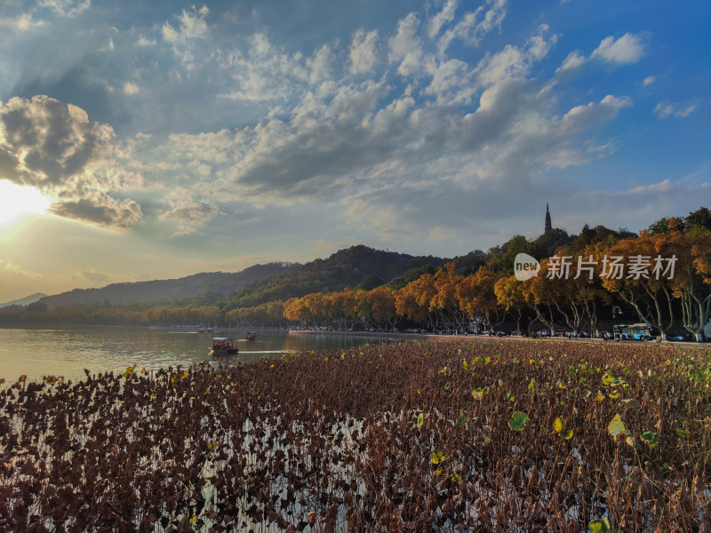 杭州西湖断桥湖畔黄昏夕阳下的景色