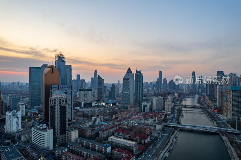 天津海河刘庄桥直沽桥日落城市建筑夜景航拍