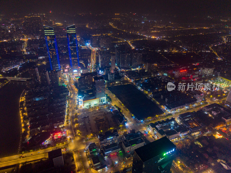 湖州城市大景夜景航拍