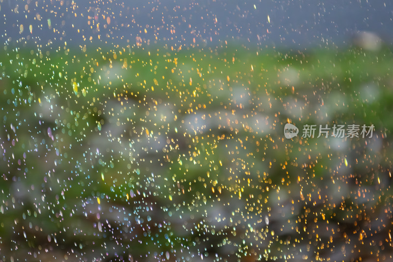 雨中模糊景象，雨滴晶莹闪烁