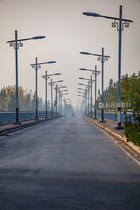 道路上整齐排列的中式路灯