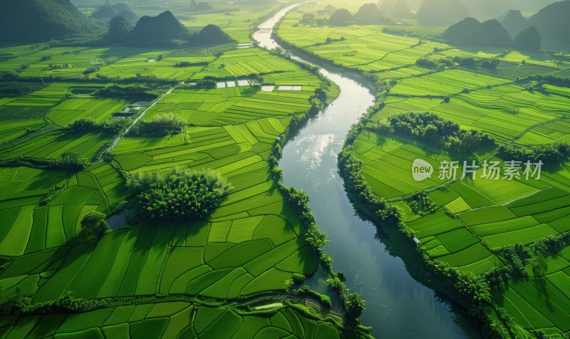 航拍绿色稻田梯田河流自然生态背景