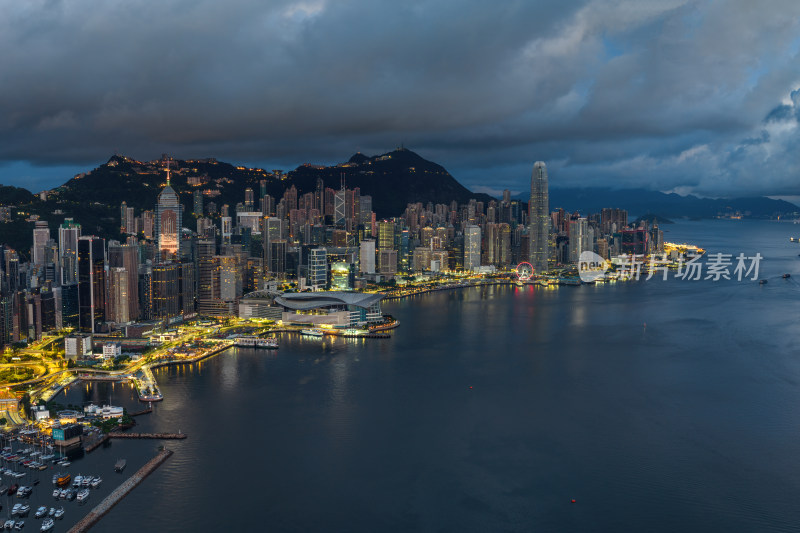 香港维多利亚港CBD中环夜景日出高空航拍