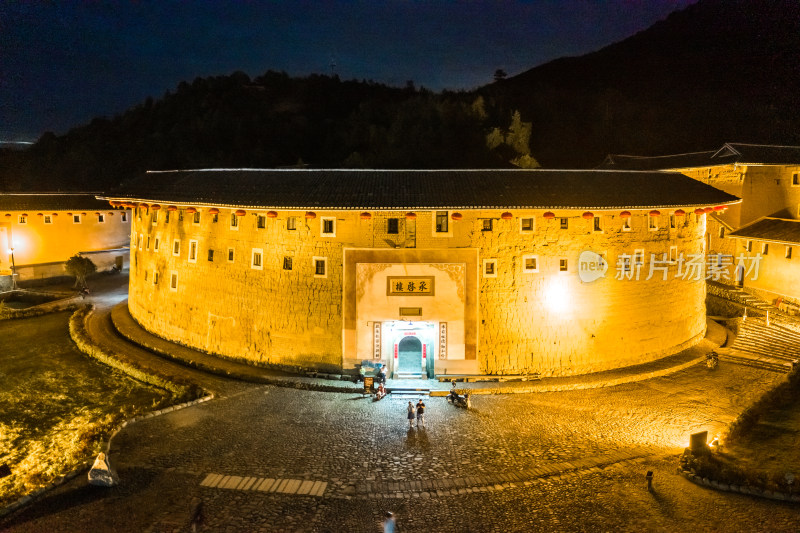 福建龙岩永定土楼夜景航拍