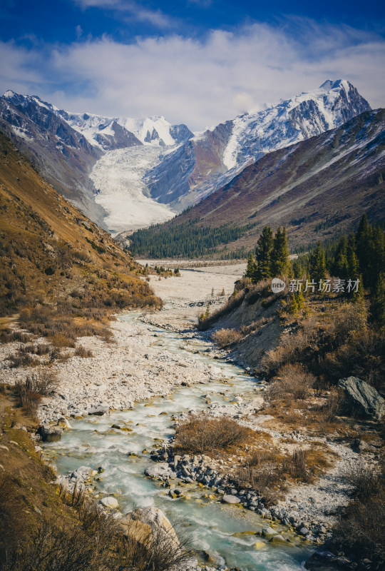 雪山冰川脚下的河流风景