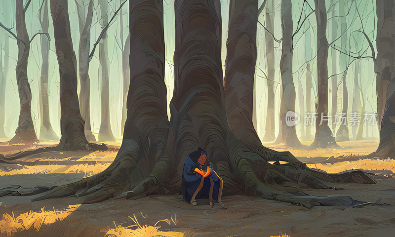 森林中人物树下阅读场景