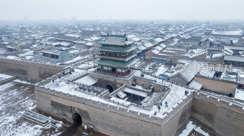 山西晋中平遥古城雪景航拍风景宣传