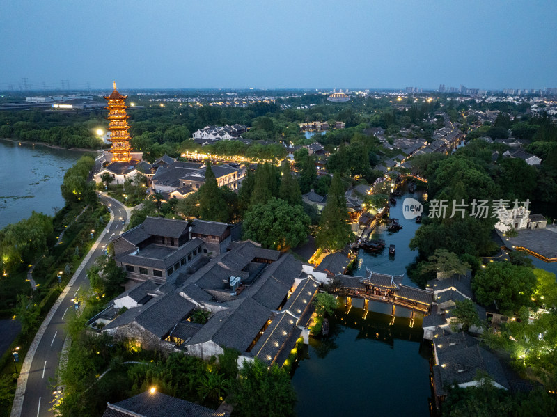 浙江嘉兴桐乡乌镇西栅景区江南水乡航拍夜景