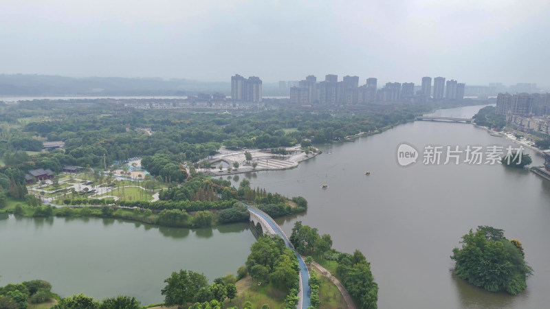 航拍四川眉山东坡城市湿地公园