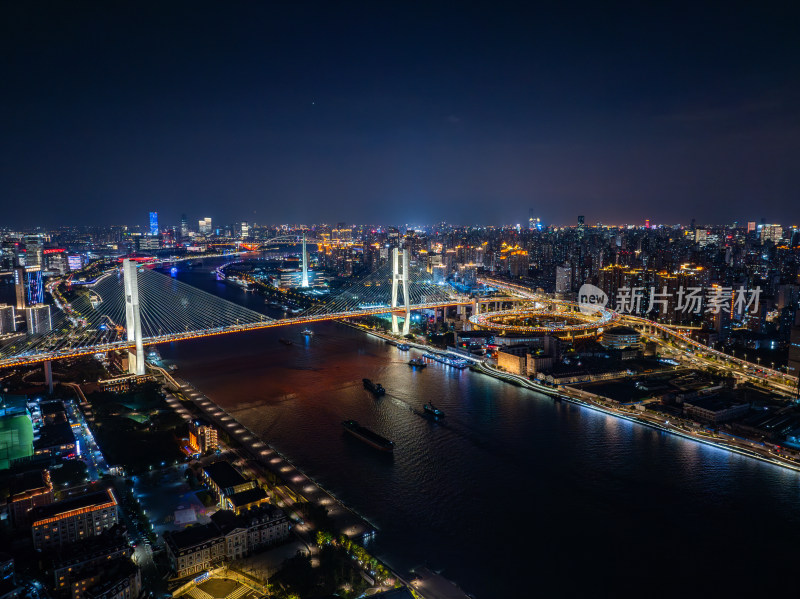 航拍上海黄浦江南浦大桥夜景