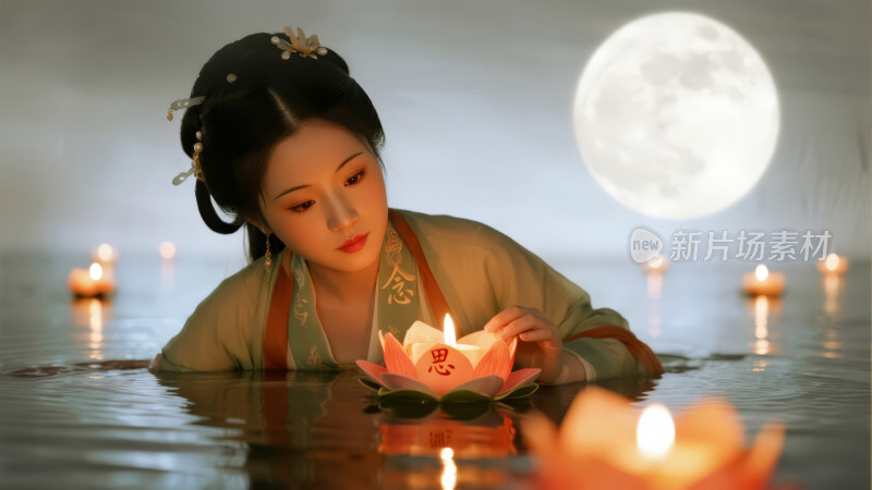中秋节古风女子放河灯的唯美背景