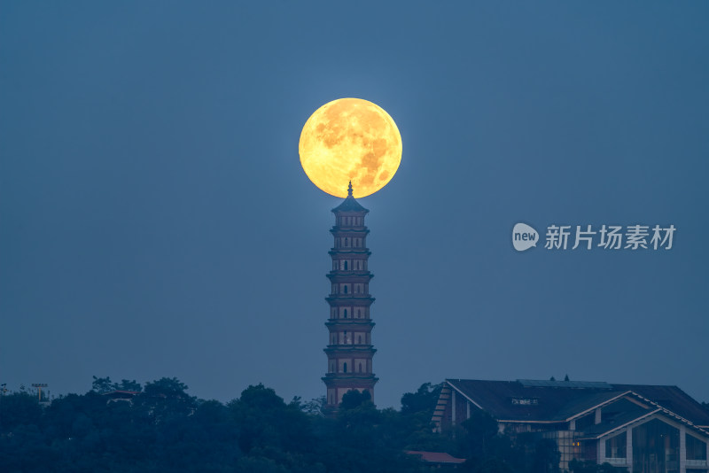 广州海鸥岛月光下的观音像古塔与圆月奇景