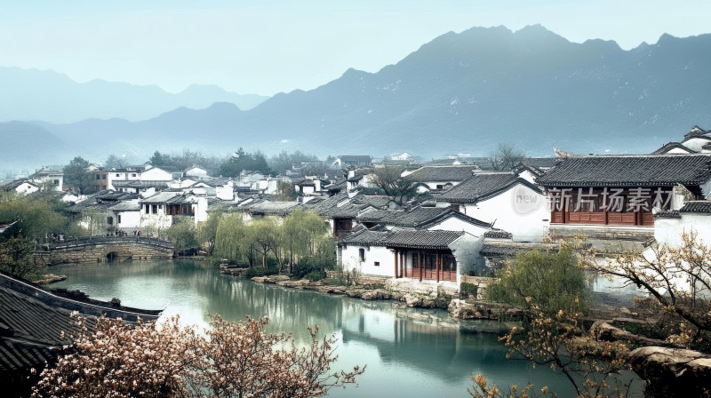 江南烟雨村落河流山水风景壁纸旅游宣传图