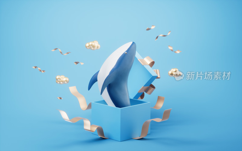 打开的礼物盒里的鲸鱼3D渲染