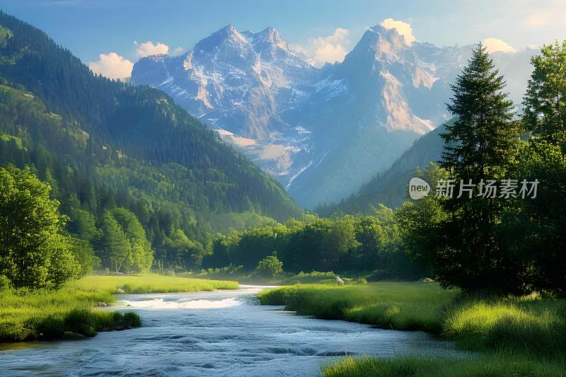 河流树木山峰天空风景