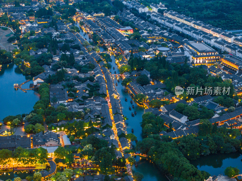 航拍江南水乡古镇乌镇夜景