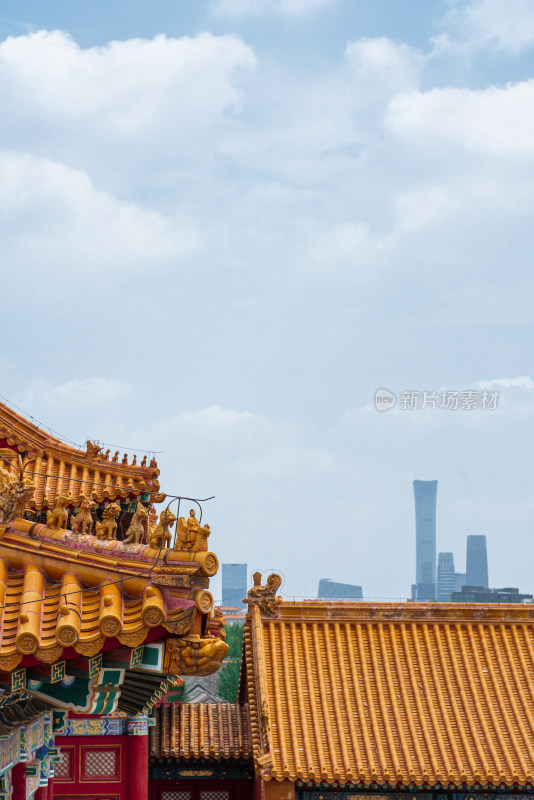 中国北京故宫博物院的宫殿与远处的现代建筑