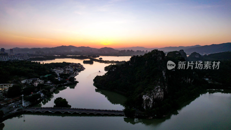 广东肇庆星湖七星山日落晚霞夕阳航拍