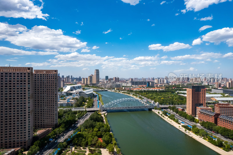 晴天天津海河国泰桥城市建筑风光航拍