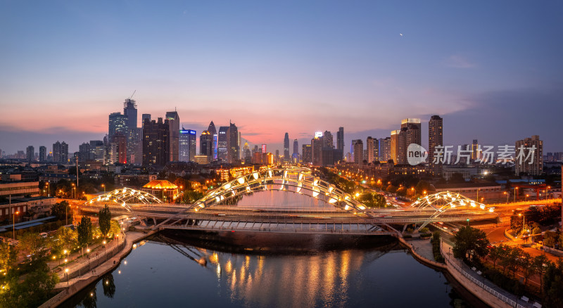 天津海河刘庄直沽桥日落城市建筑夜景航拍