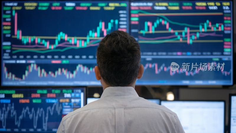 男子专注看股票行情走势图的背影