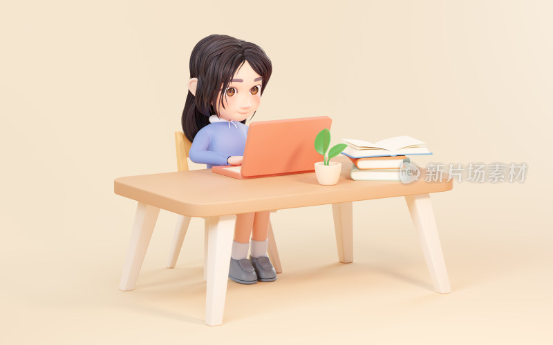 坐在桌前办公的卡通女孩3D渲染
