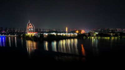 航拍湖北鄂州洋澜湖夜景