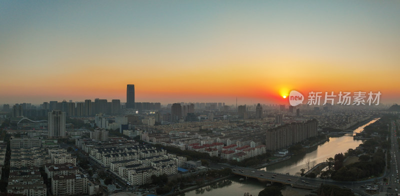 航拍昆山冬日城市日落风光大景