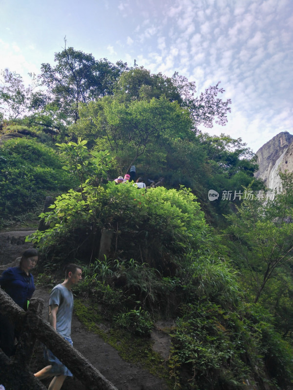 武夷山游客山林间徒步登山场景