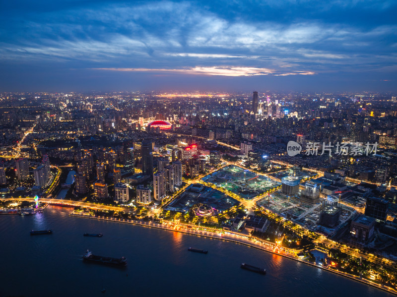 航拍上海城市夜景卢浦大桥世博园