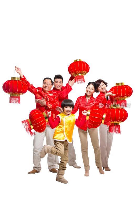 棚拍中国新年快乐的唐装家庭