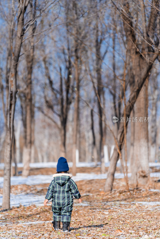 中国北京走在公园雪地里的女童背影