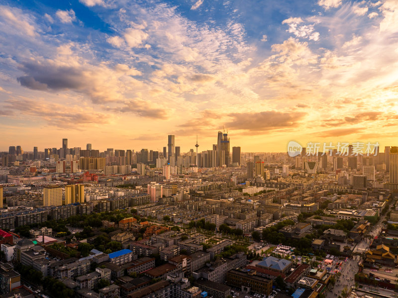 中国东北辽宁沈阳城市风景航拍地标建筑黄昏