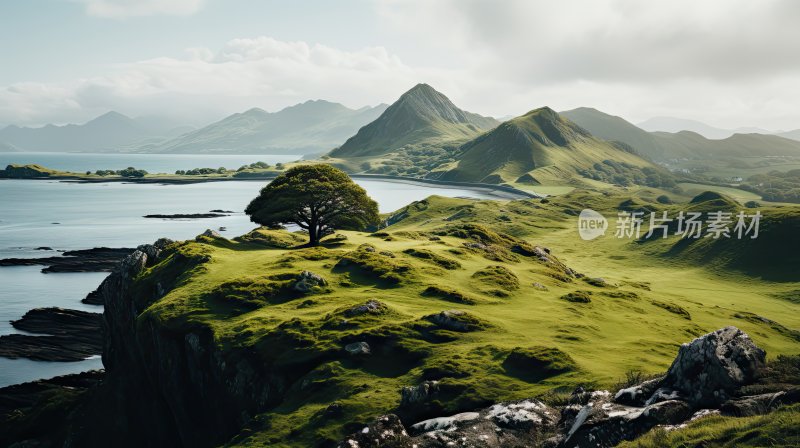 大自然绿色草原和高山风景