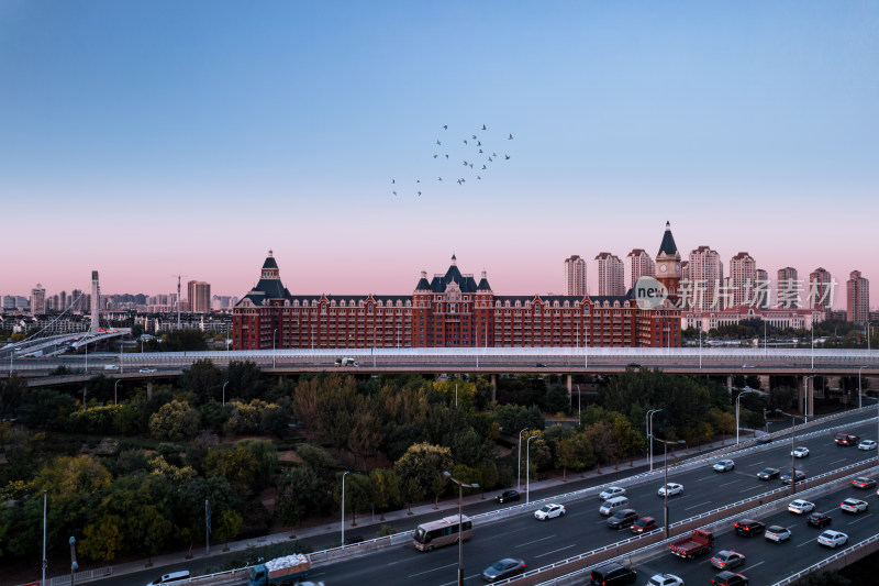 天津海津大桥海河城市地标建筑日落全景风光