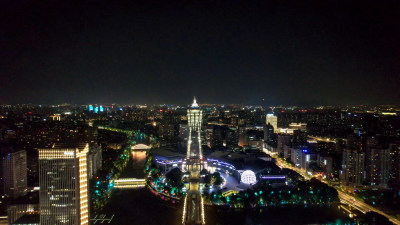 杭州城市夜景西湖广场环球金融中心夜景航拍