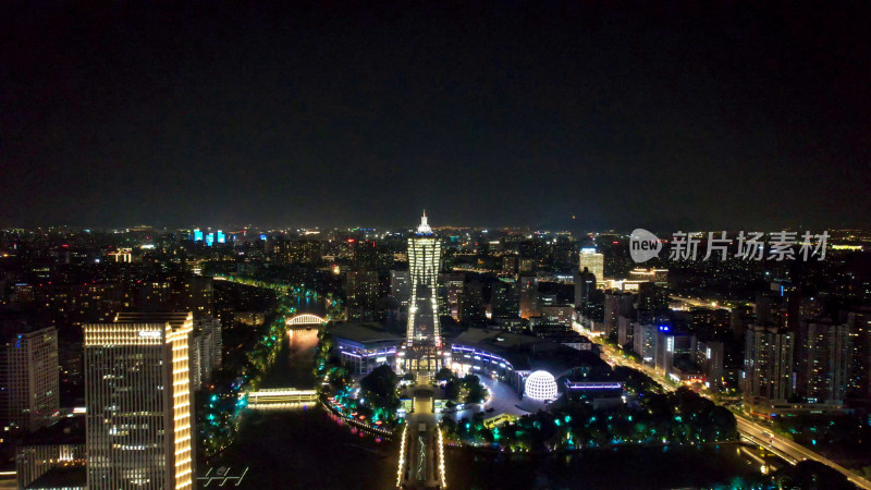 杭州城市夜景西湖广场环球金融中心夜景航拍