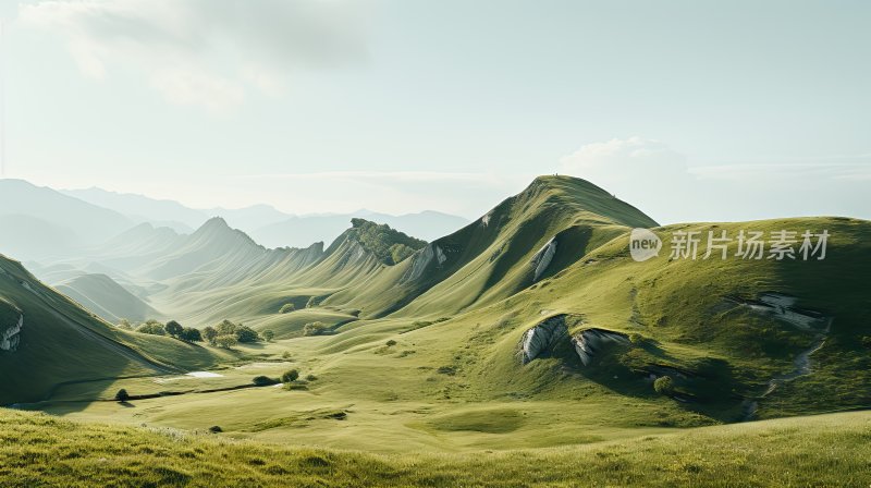 大自然绿色草原和高山风景