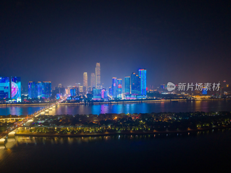 湖南长沙夜景长沙橘子洲大桥夜景航拍