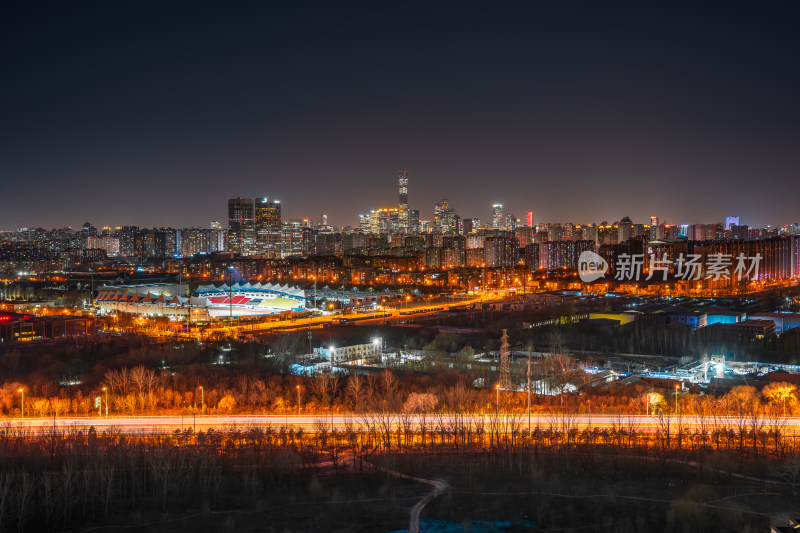 北京夜晚城市灯火辉煌朝阳体育场全景夜景