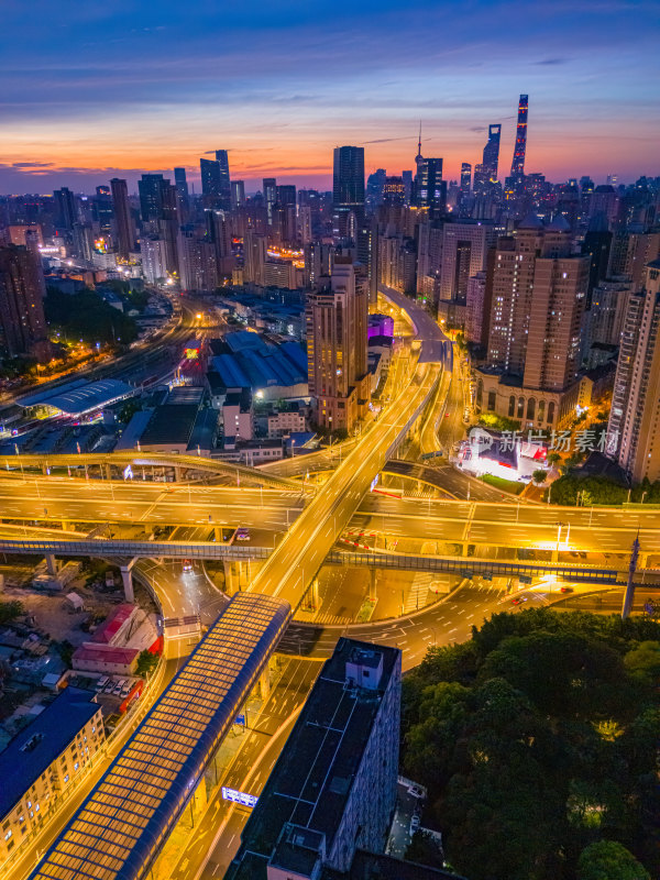 日出航拍上海外滩立交桥高架桥夜景