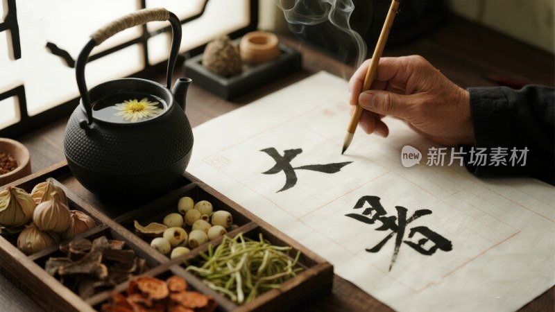 老人书写毛笔字与茶具中药材