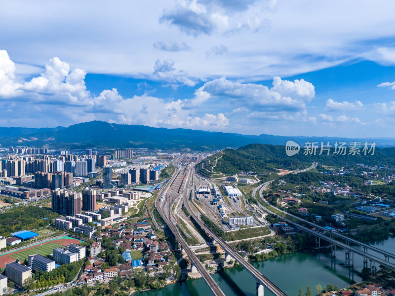 怀化城市风光蓝天白云交通航拍图