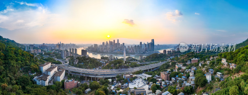 重庆城市日落晚霞夕阳航拍全景图