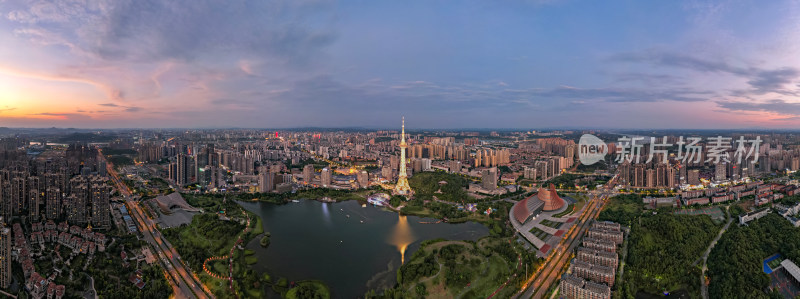 中国湖南省株洲市天元区神农塔夜景航拍