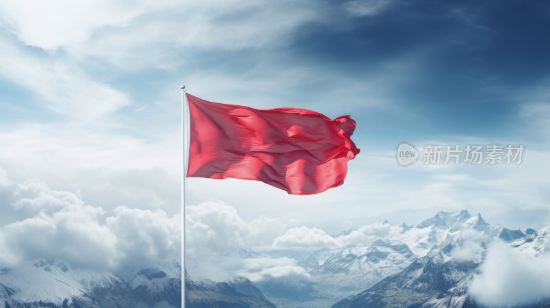 高山云雾，矗立在山峰的红色旗帜