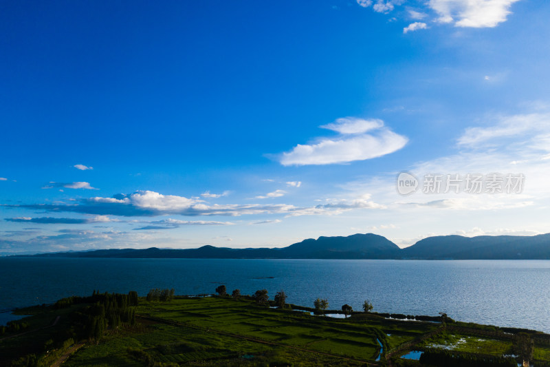 蓝天白云下的城市湖景