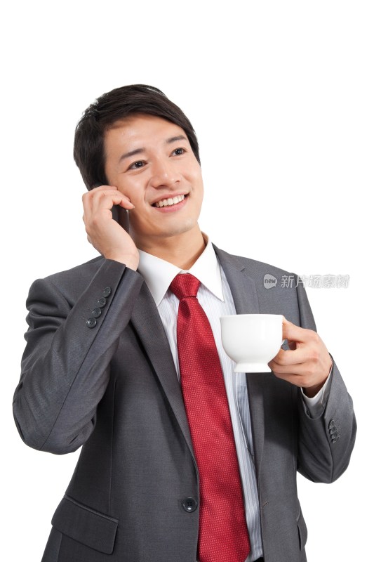 棚拍商务装年轻男人打电话、喝咖啡