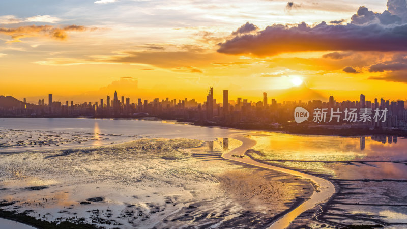 广东大湾区深圳前海湾涂滩日落城市夜景航拍