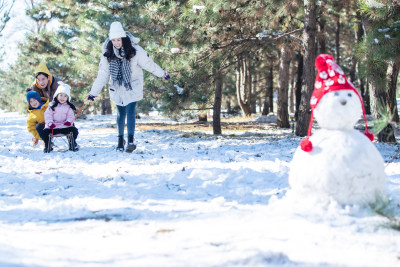 在雪地上玩雪橇的一家人